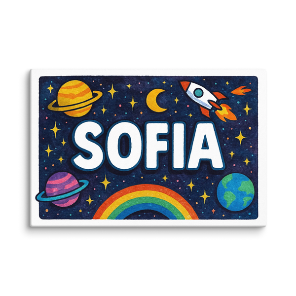 Custom Sofia wall art with Space explorers illustration