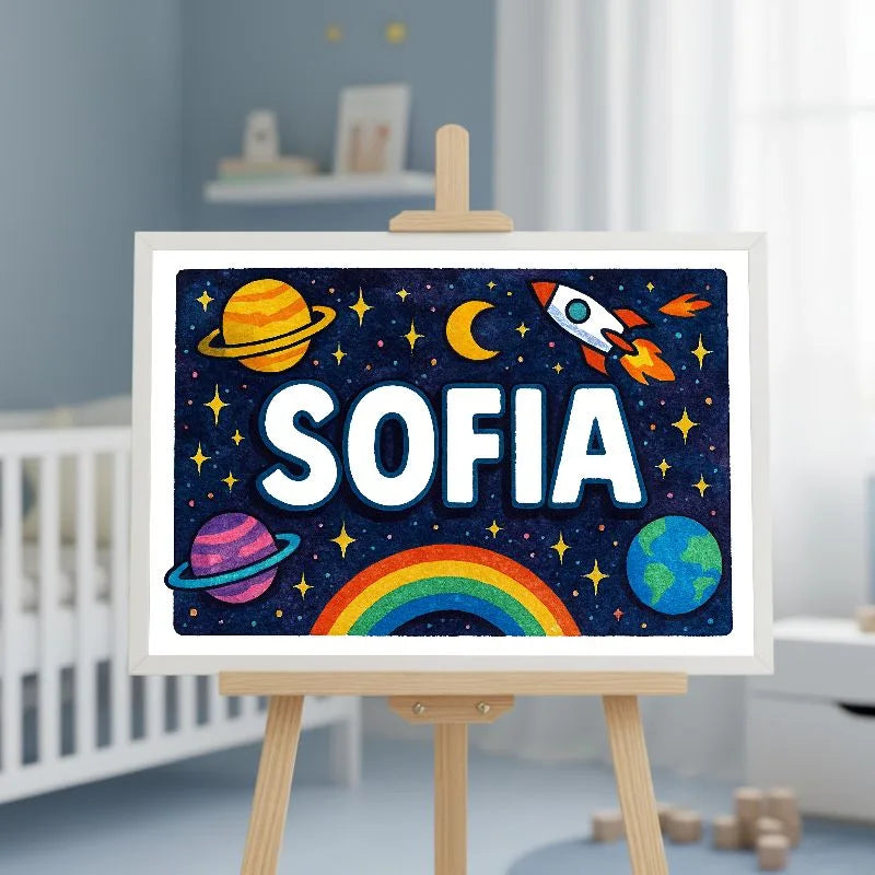 Sofia Name Art - Space Explorers personalized wall print for kids