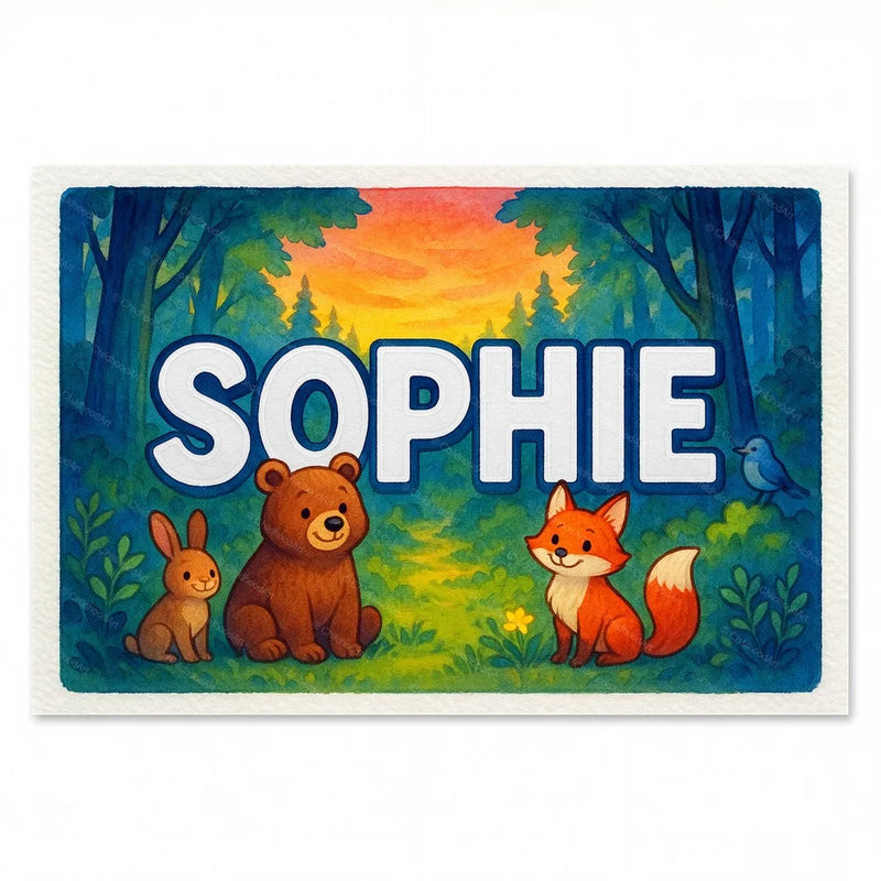 Calm personalized woodland name art for Sophie