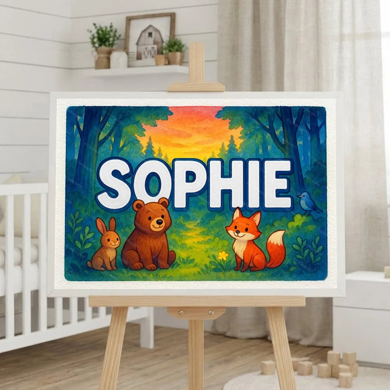 Calm personalized woodland name art for Sophie