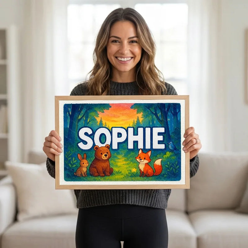 Calm personalized woodland name art for Sophie