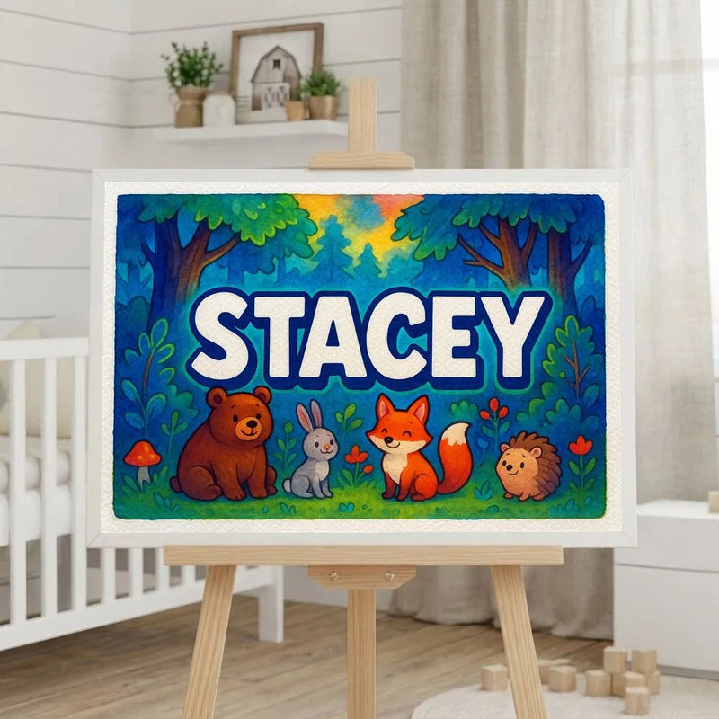 Stacey Name Art - Forest Friends personalized wall print for kids