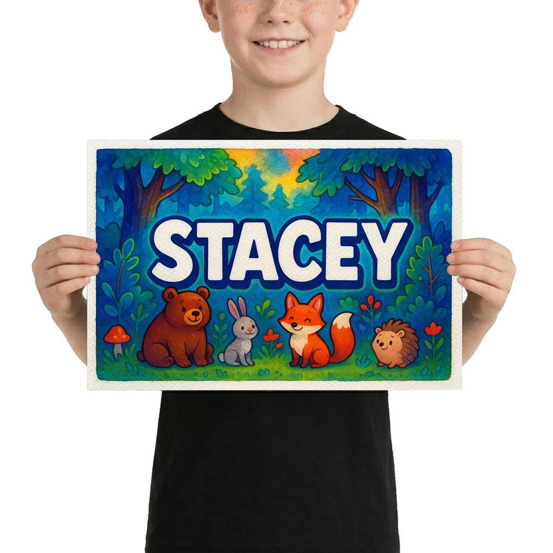 Stacey Name Art - Forest Friends personalized wall print for kids