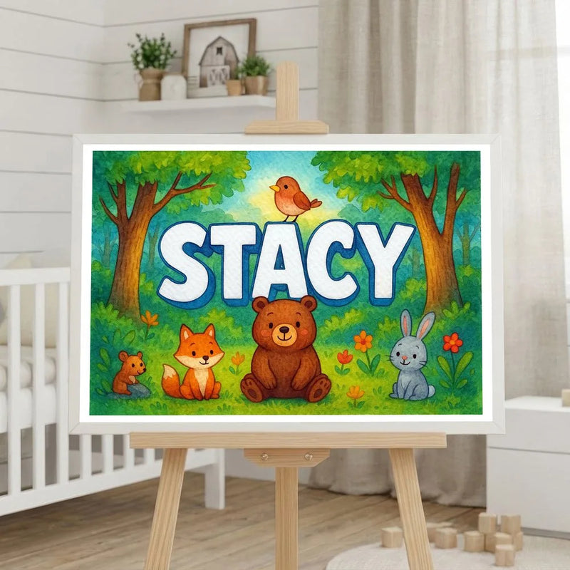 Stacy Name Art - Forest Friends personalized wall print for kids