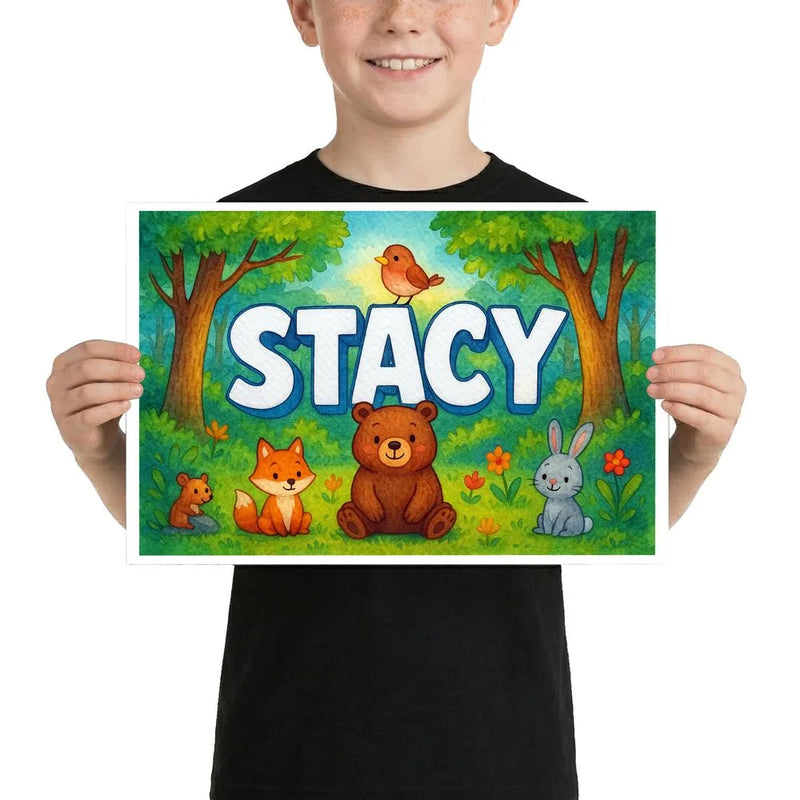 Stacy Name Art - Forest Friends personalized wall print for kids