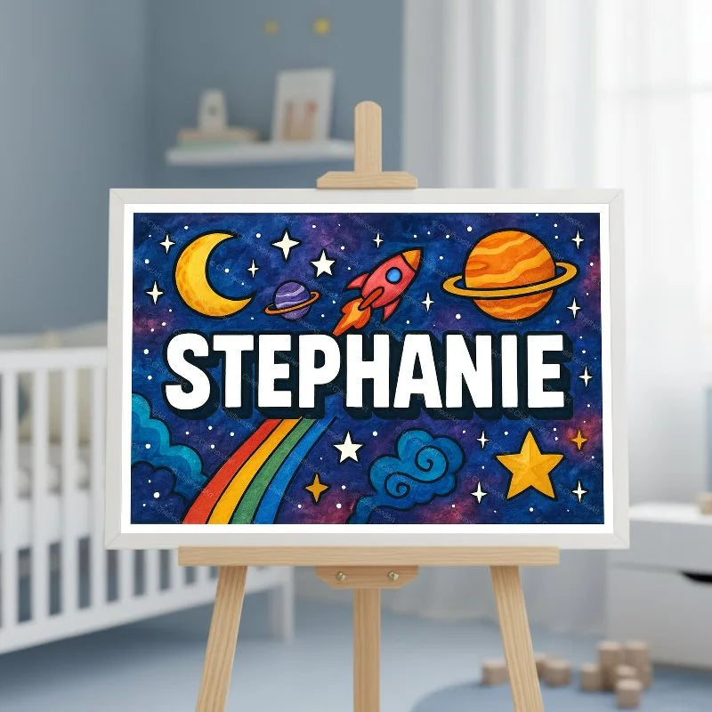 Adventurous personalized space name art for Stephanie