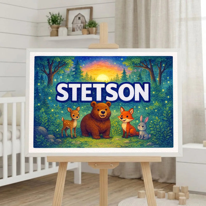 Stetson Name Art - Forest Friends personalized wall print for kids