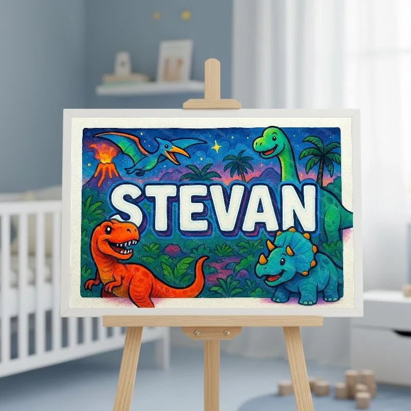 Stevan Name Art - Dinosaur Adventure personalized wall print for kids