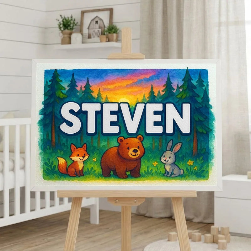 Steven Name Art - Forest Friends personalized wall print for kids