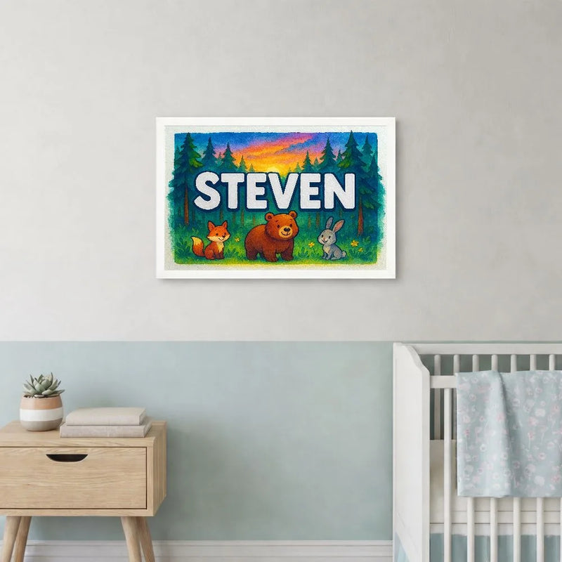 Steven Name Art - Forest Friends personalized wall print for kids