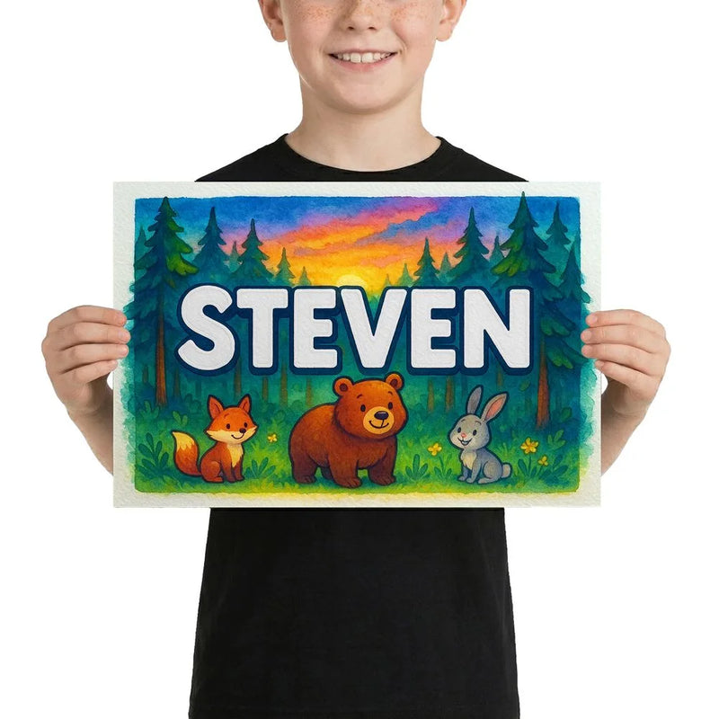 Steven Name Art - Forest Friends personalized wall print for kids