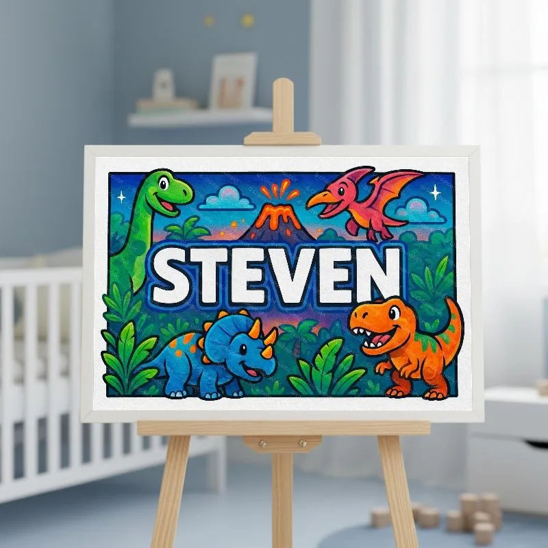 Steven Name Art - Dinosaur Adventure personalized wall print for kids