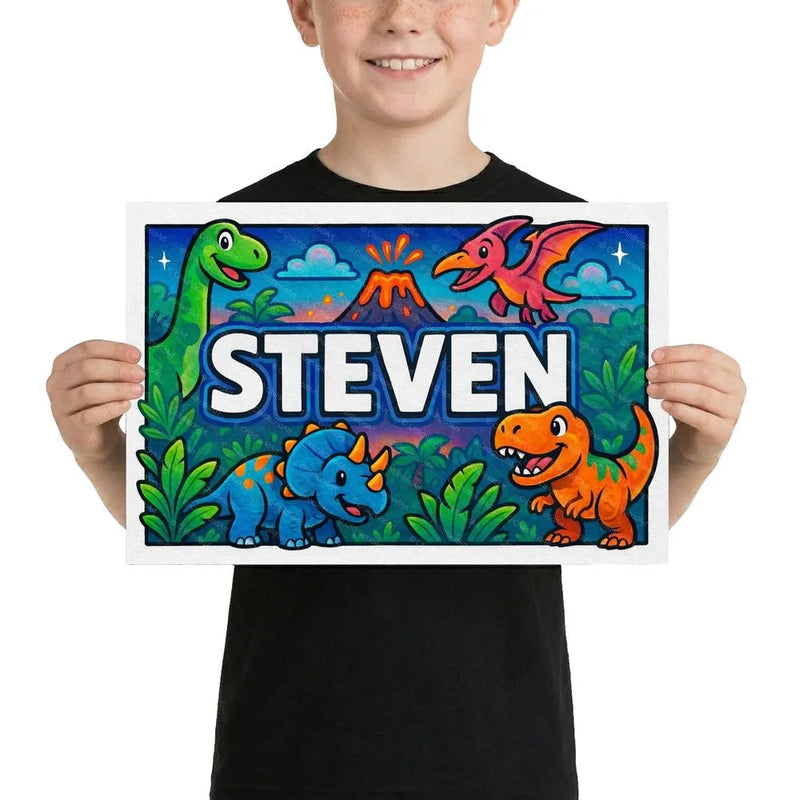 Steven Name Art - Dinosaur Adventure personalized wall print for kids