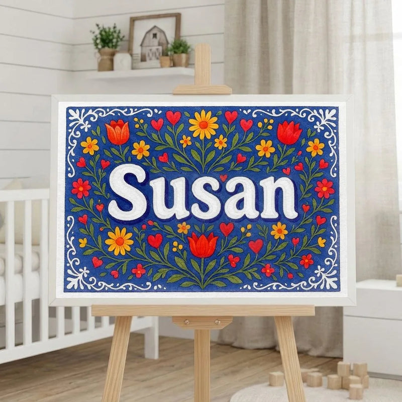 Susan Name Art - Floral Farmhouse personalized wall print for kids
