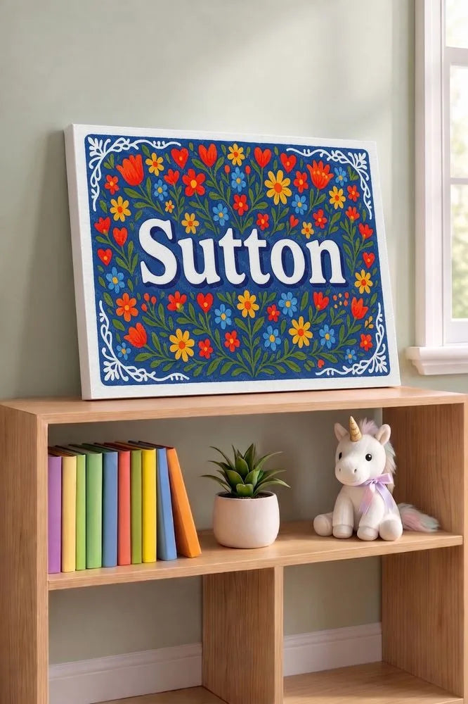 Sutton Name Art - Floral Farmhouse personalized wall print for kids