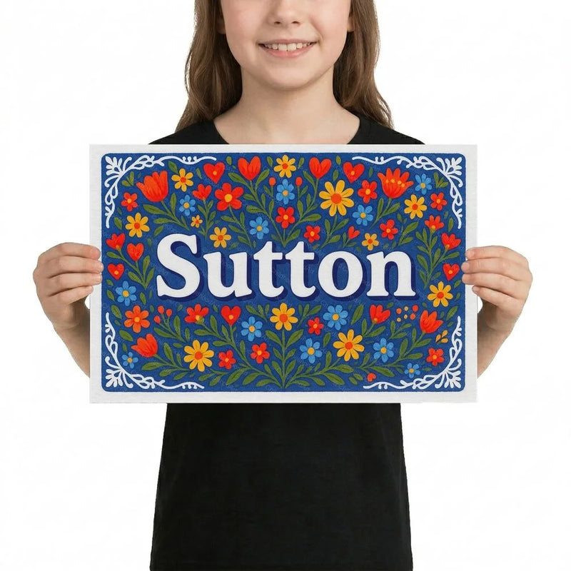 Sutton Name Art - Floral Farmhouse personalized wall print for kids