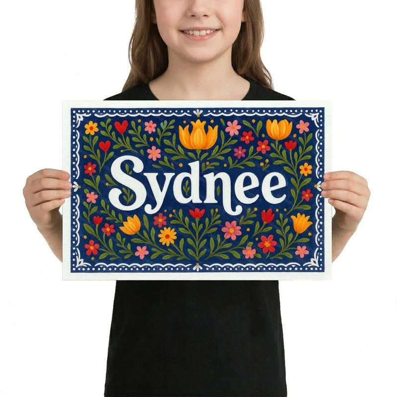 Sydnee Name Art - Floral Farmhouse personalized wall print for kids