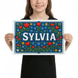 Sylvia Name Art - Floral Farmhouse personalized wall print for kids
