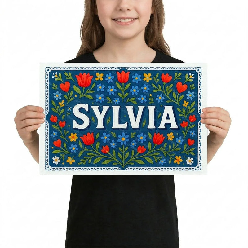 Sylvia Name Art - Floral Farmhouse personalized wall print for kids