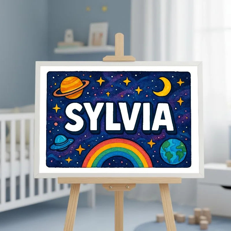 Sylvia Name Art - Space Explorers personalized wall print for kids