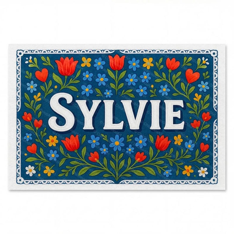 Sylvie Name Art - Floral Farmhouse personalized wall print for kids