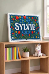 Sylvie Name Art - Floral Farmhouse personalized wall print for kids