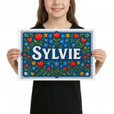 Sylvie Name Art - Floral Farmhouse personalized wall print for kids