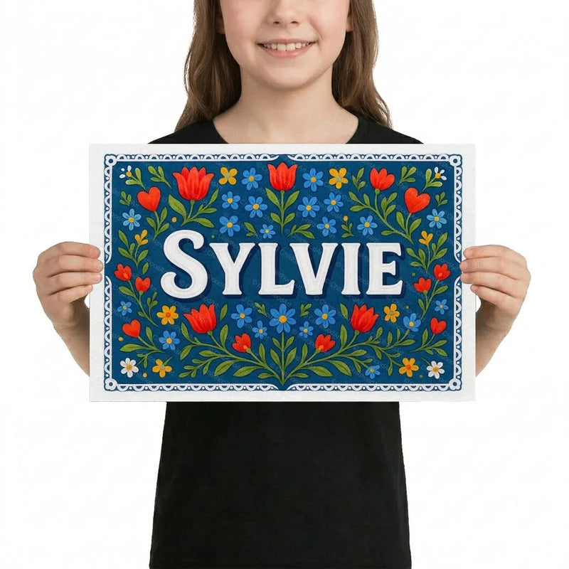 Sylvie Name Art - Floral Farmhouse personalized wall print for kids