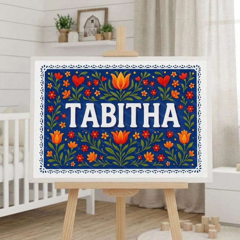 Tabitha Name Art - Floral Farmhouse personalized wall print for kids