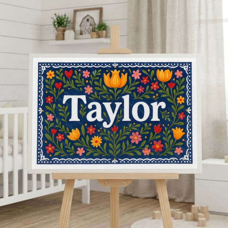 Taylor Name Art - Floral Farmhouse personalized wall print for kids