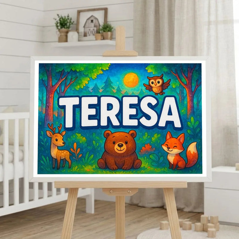 Teresa Name Art - Forest Friends personalized wall print for kids
