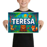 Teresa Name Art - Forest Friends personalized wall print for kids