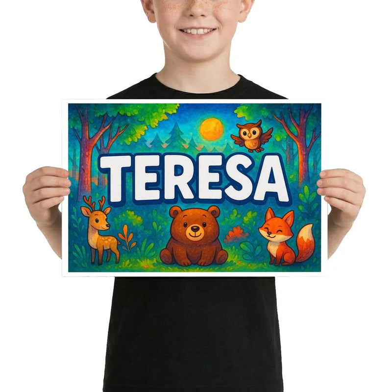 Teresa Name Art - Forest Friends personalized wall print for kids