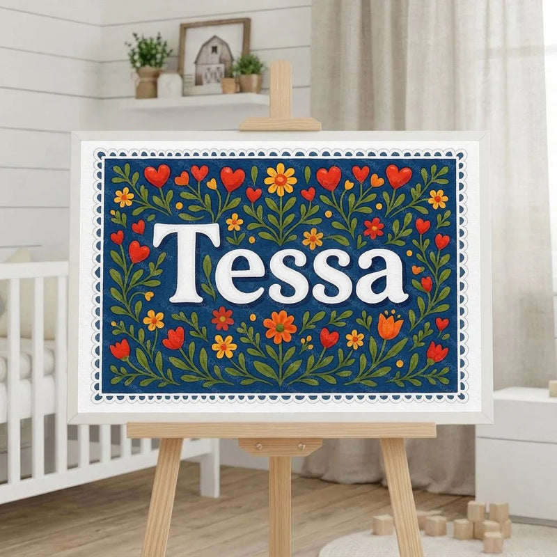 Tessa Name Art - Floral Farmhouse personalized wall print for kids