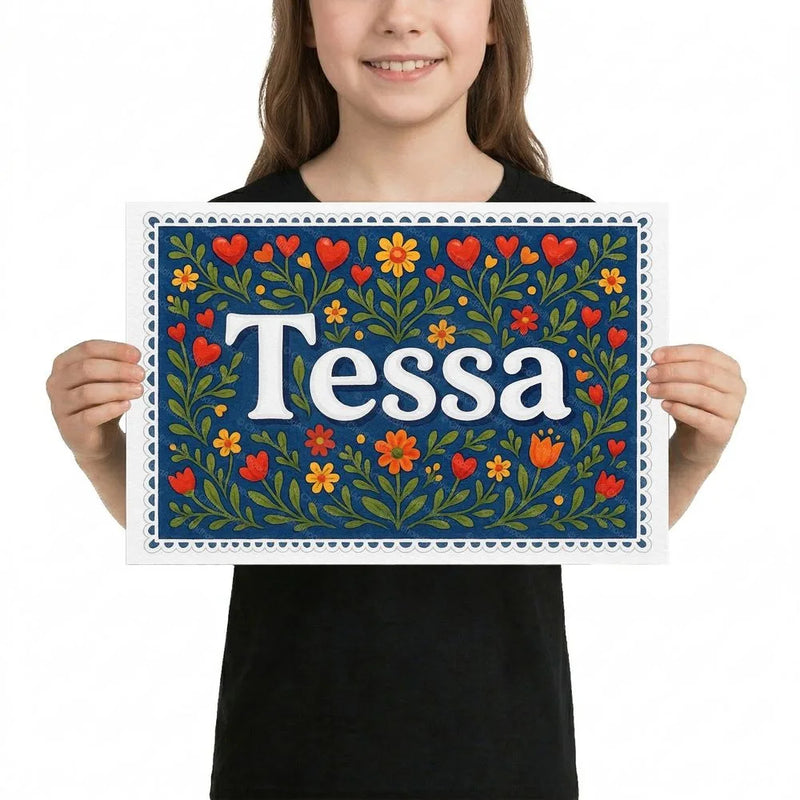 Tessa Name Art - Floral Farmhouse personalized wall print for kids