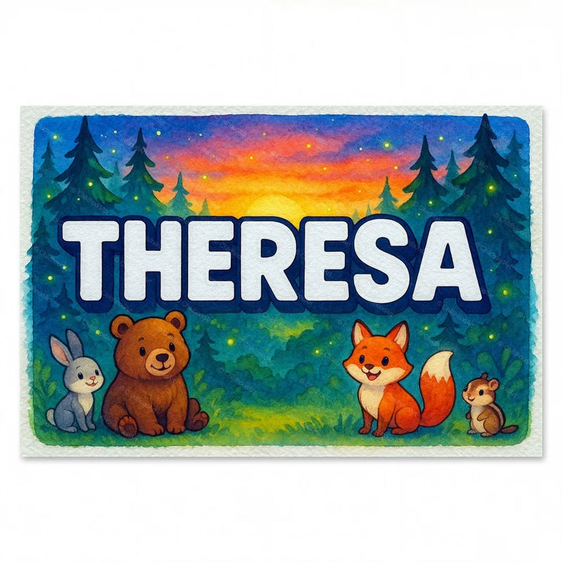 Calm personalized woodland name art for Theresa