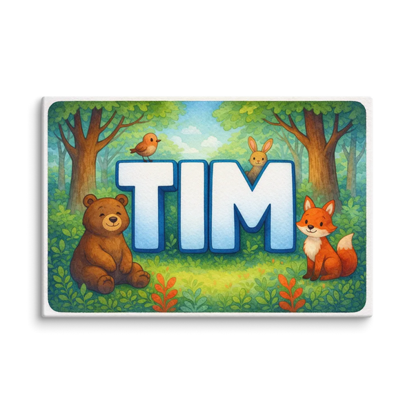 Forest friends themed name art featuring Tim