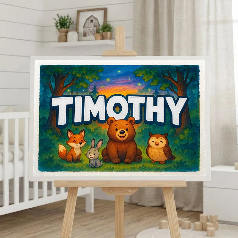 Timothy Name Art - Forest Friends personalized wall print for kids