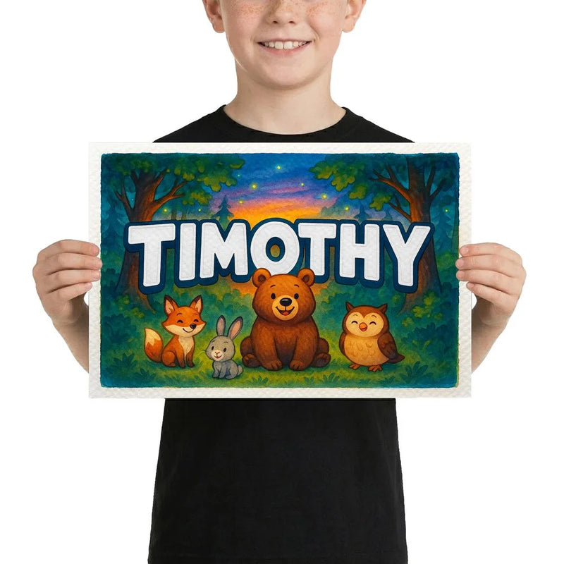 Timothy Name Art - Forest Friends personalized wall print for kids