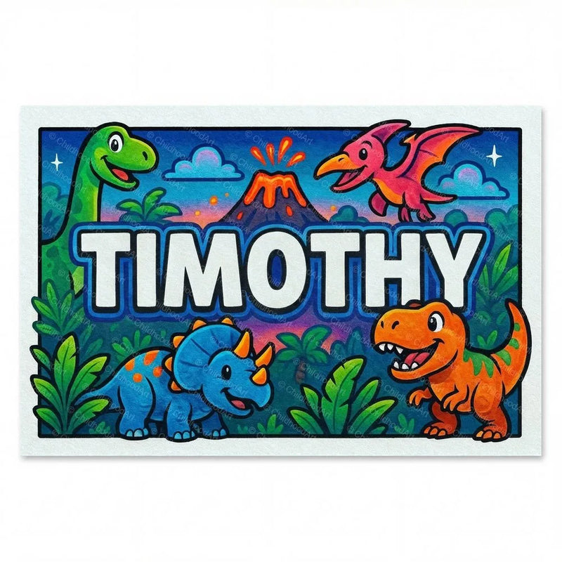 Timothy Name Art - Dinosaur Adventure personalized wall print for kids