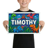 Timothy Name Art - Dinosaur Adventure personalized wall print for kids