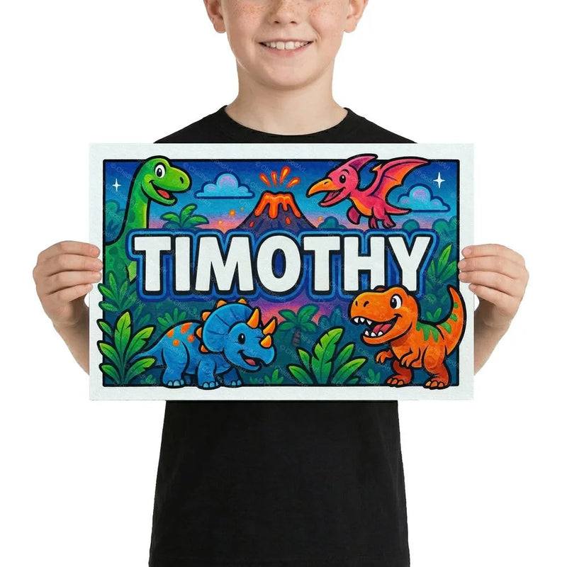 Timothy Name Art - Dinosaur Adventure personalized wall print for kids