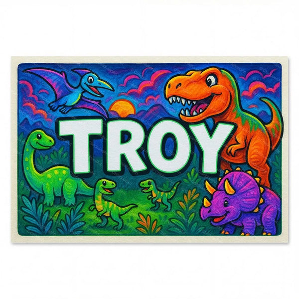 Personalized Troy name art print in the Dinosaur adventure style