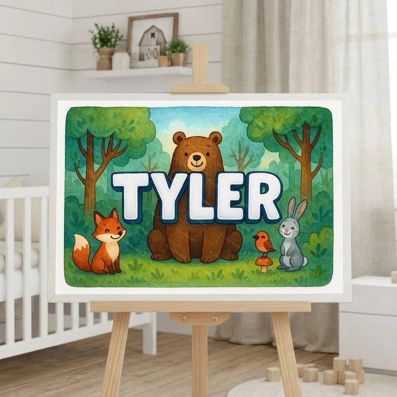 Tyler Name Art - Forest Friends personalized wall print for kids