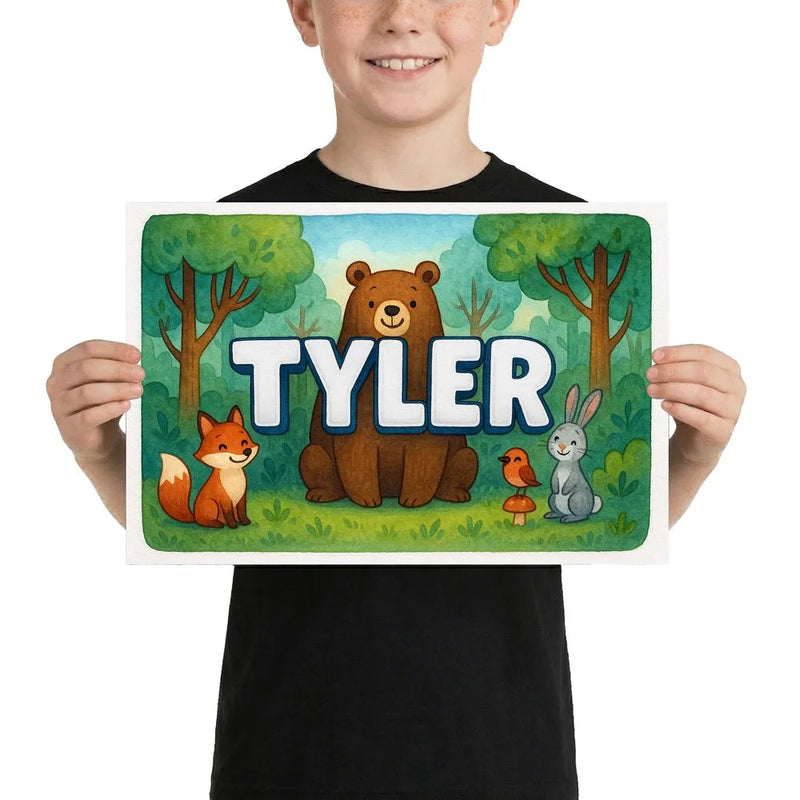 Tyler Name Art - Forest Friends personalized wall print for kids