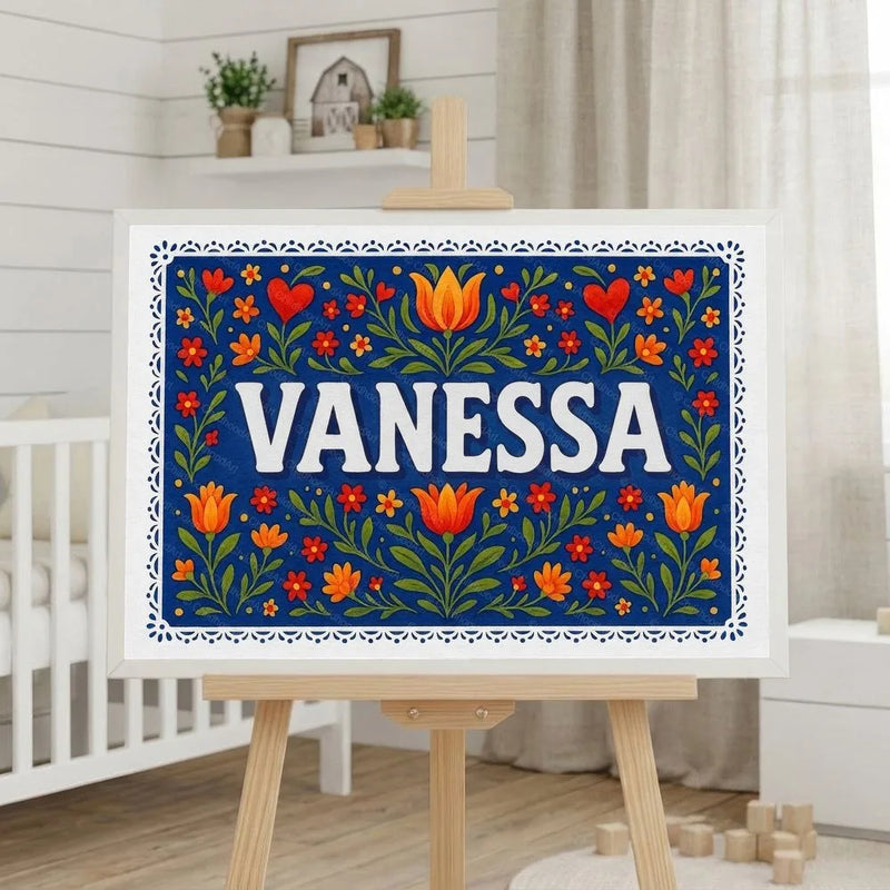 Vanessa Name Art - Floral Farmhouse personalized wall print for kids