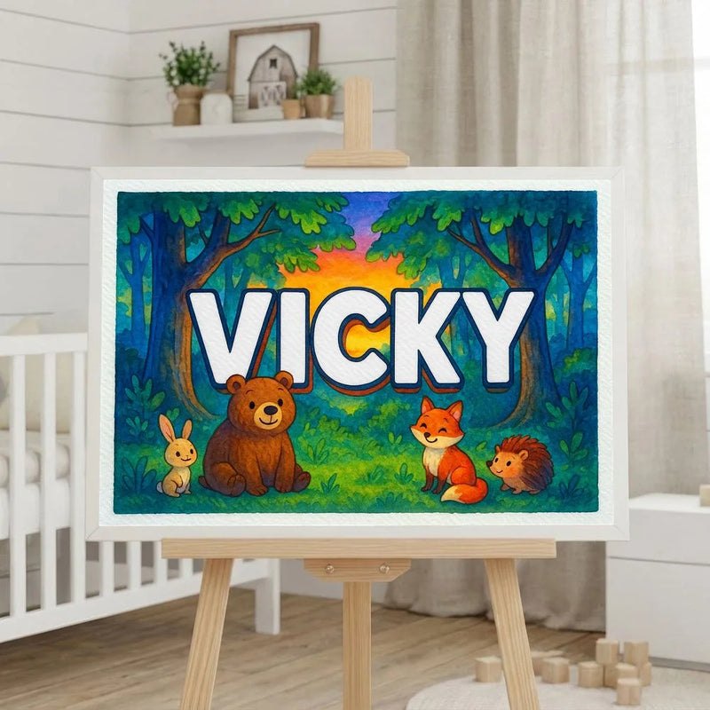 Vicky Name Art - Forest Friends personalized wall print for kids