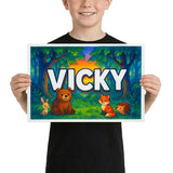 Vicky Name Art - Forest Friends personalized wall print for kids