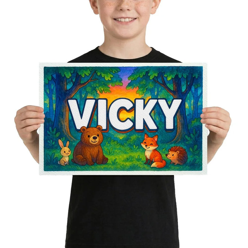 Vicky Name Art - Forest Friends personalized wall print for kids