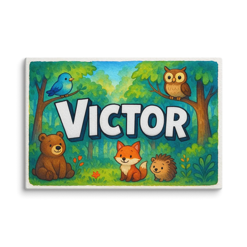 Victor Name Art - Forest Friends personalized wall print for kids